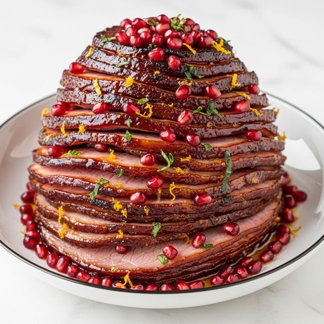 The dish shows a tall, layered ham with about 15 visible layers, each slice a glossy, rich brown with caramelized edges, giving a shiny glaze look. The ham is topped with bright red pomegranate seeds scattered both on top and around its base, while small green herb pieces and bits of orange zest are sprinkled over the layers for color. The ham sits in a shallow white bowl with a thin dark rim, placed on a white marbled surface. The overall look is juicy, sticky, and richly seasoned. photo taken with an iphone --ar 4:5 --v 7
