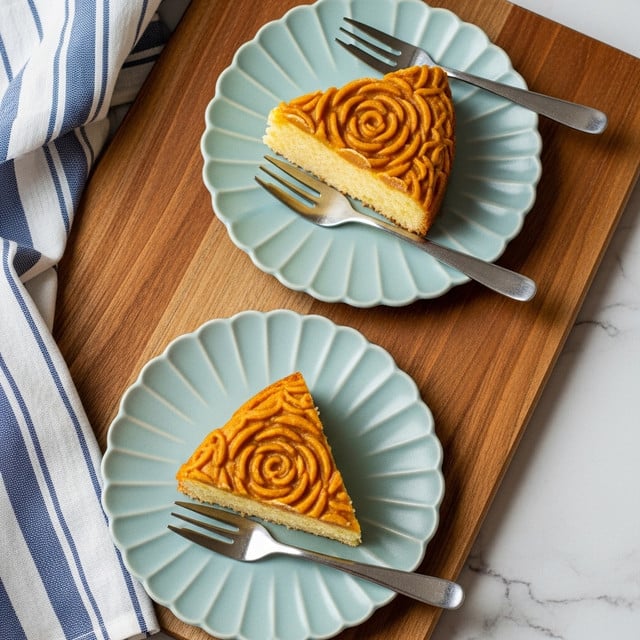 Two slices of a light yellow cake with a rose-shaped topping in a golden-brown shade sit on two pale blue scalloped plates. Each slice is triangular and rests near the center of the plates. Two silver forks lie beside each slice on the plates. The plates are placed on a smooth wooden board with warm brown tones and visible grain, which rests on a white marbled textured surface. A blue and white striped cloth peeks out from under the board on the left side. photo taken with an iphone --ar 4:5 --v 7