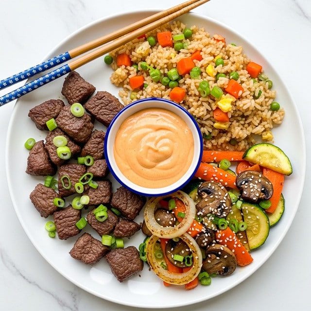 A white plate holds a neatly arranged meal with three main parts and a small bowl in the center. On the left side, there are dark brown, cubed grilled steak pieces sprinkled with green slices of spring onion. The top right section shows a colorful fried rice with orange carrot cubes, green peas, and bits of green onion mixed in. Below the rice, on the bottom right, there is a mix of grilled vegetables including browned mushrooms, orange carrot sticks, cooked onion rings, and green zucchini pieces, all garnished with sesame seeds and chopped green onions. In the center, a small white bowl with a dark blue rim holds a smooth, light orange dipping sauce. A pair of wooden chopsticks with blue patterned handles rest on the upper left edge of the plate. The plate is set on a white marbled surface. Photo taken with an iphone --ar 4:5 --v 7