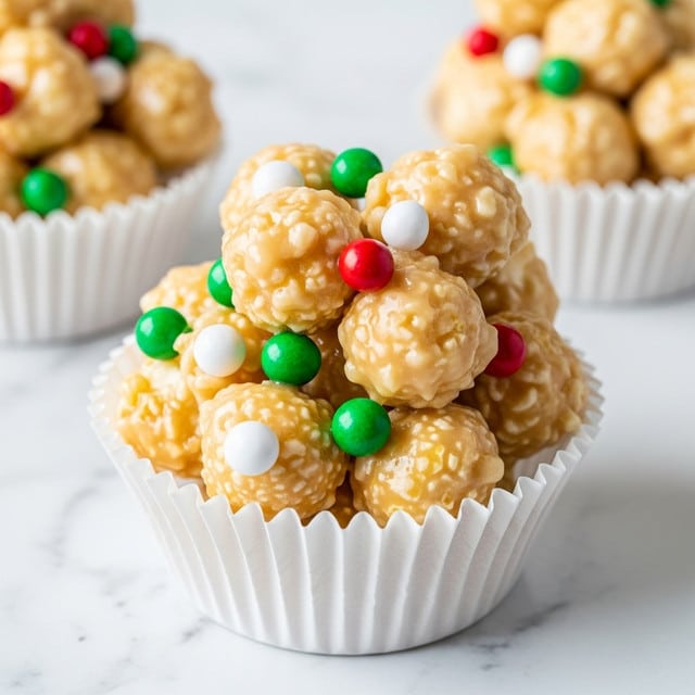 The image shows a close-up of a popcorn treat placed in a white cupcake liner with ridged edges. The popcorn pieces are coated with a glossy, light beige syrup that makes them stick together in a small mound shape. Scattered throughout the popcorn are small, colorful candy sprinkles in green, red, and white, adding bright spots of color. The background features a white marbled texture, enhancing the clean and simple look of the scene. photo taken with an iphone --ar 4:5 --v 7