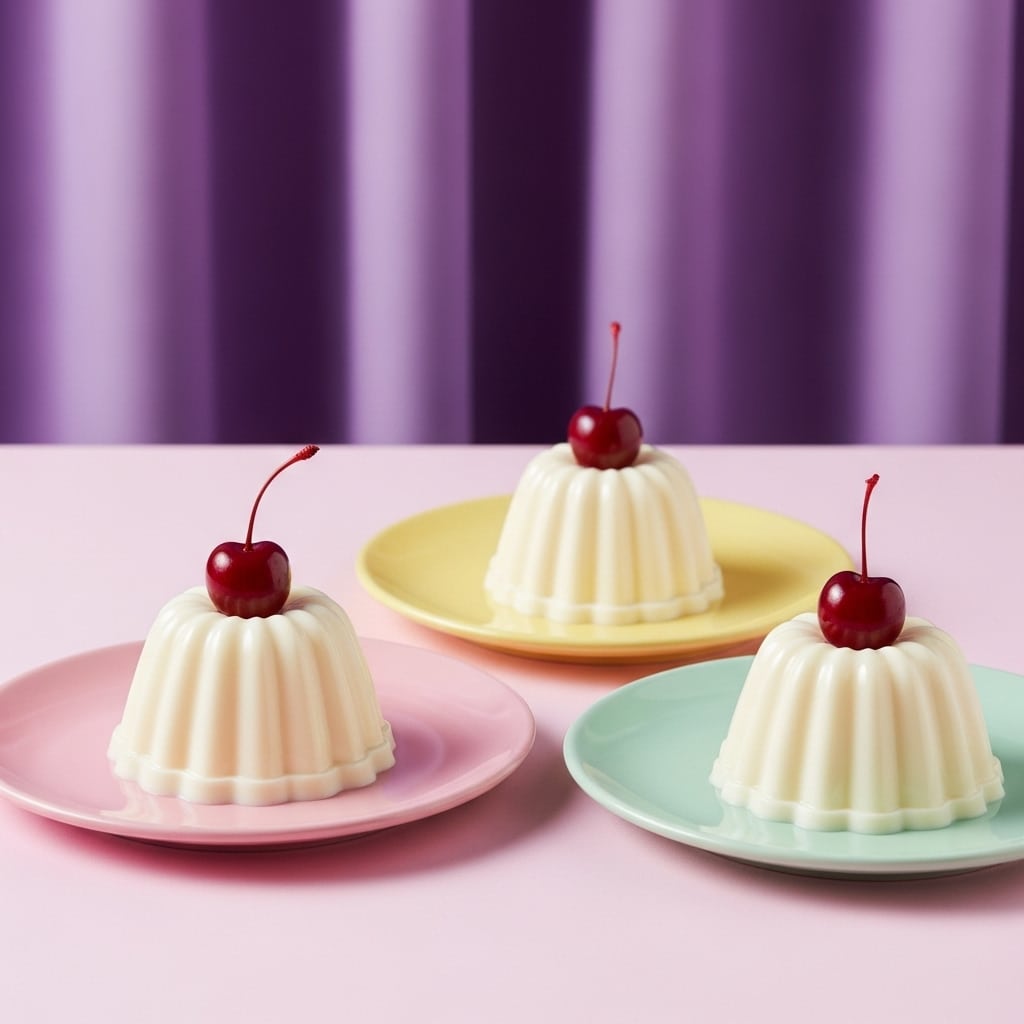 Three small white gelatin desserts sit on individual pastel-colored white plates arranged on a pink surface with a purple curtain backdrop. Each dessert is dome-shaped with ridged sides and a smooth, creamy white texture. On top of each is a single dark red cherry, adding a shiny contrast. The plates are pink, yellow, and mint green, each holding one dessert centered on its surface. The overall image is bright and clean, with soft shadows under each plate. Photo taken with an iphone --ar 4:5 --v 7
