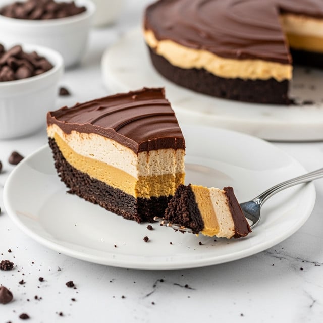 The image shows a slice of pie on a white plate with three clear layers. The bottom layer is dark brown, crumbly, and looks like an Oreo cookie crust. The middle layer is thick, smooth, and light brown, resembling peanut butter filling. The top layer is a shiny, dark brown chocolate ganache that looks soft. A silver fork holds a bitten piece of the pie with visible parts of all three layers. The plate is on a white marbled surface with some crumbs scattered around. In the background, part of the whole pie and bowls of chocolate chips can be seen, all on the same white marbled surface. Photo taken with an iphone --ar 4:5 --v 7