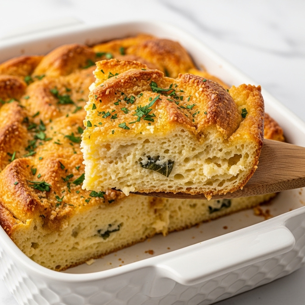 A close-up view of a golden brown casserole with a crispy, bubbly top layer sprinkled with chopped green herbs, held by a wooden spatula inside a white ceramic baking dish with a honeycomb pattern. The casserole's soft, creamy interior shows a textured, light yellow layer beneath the browned crust, with a few pieces of herbs mixed inside. The white marbled background highlights the dish softly. photo taken with an iphone --ar 4:5 --v 7