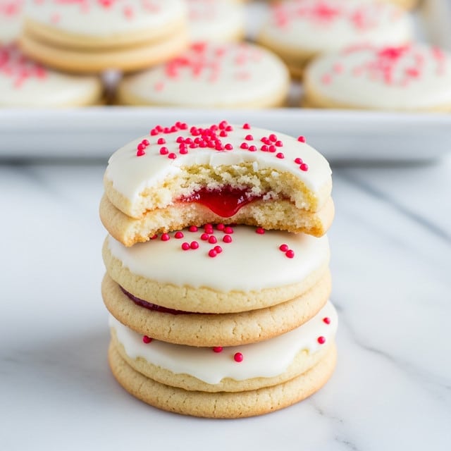 A group of round cookies is arranged on a metal cooling rack. Each cookie has two layers: the bottom layer is a light golden brown cookie with a soft, slightly cracked texture, and the top layer is smooth white icing that covers the cookie fully. The icing is sprinkled with small red sugar pieces spread evenly on top. The scene is set on a white marbled surface, and the cookies are close together, showing a fresh, homemade look. photo taken with an iphone --ar 4:5 --v 7