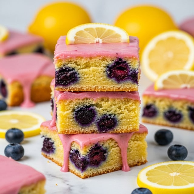 A stack of three square blueberry lemon bars is shown, each bar with a dense yellow cake layer mixed with dark blueberries inside. The top of each bar is covered with a smooth, glossy pink glaze that drips slightly down the sides of the bottom bar, creating a shiny texture. The bars are placed on a white marbled surface with scattered blueberries, lemon slices, and blurred whole lemons in the background, adding fresh, bright yellow and blue accents. Photo taken with an iphone --ar 4:5 --v 7