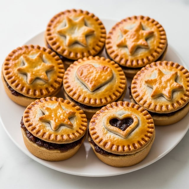 The image shows several small round mince pies on a white plate set on a white marbled surface. Each pie has a golden-brown crust with a glossy baked finish and dark brown filling visible through cut-out shapes on the top layer, including a star, a heart, and another star made from dough pieces. The edges of the pies are slightly raised and crinkled, giving a textured look. The filling looks moist and sticky, contrasting with the dry, flaky pastry on top. photo taken with an iphone --ar 4:5 --v 7