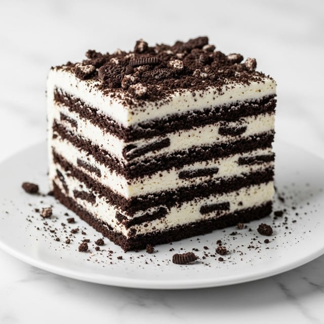A slice of layered Oreo cake is shown on a white plate with a white marbled surface beneath. The cake consists of alternating layers of dark chocolate Oreo cookies and thick white cream filling stacked about six times. The top layer is covered with smooth white cream and sprinkled heavily with crushed Oreo cookie crumbs, which also scatter around the plate. The texture contrasts between the creamy softness and crumbly cookie bits are clear. Photo taken with an iphone --ar 4:5 --v 7