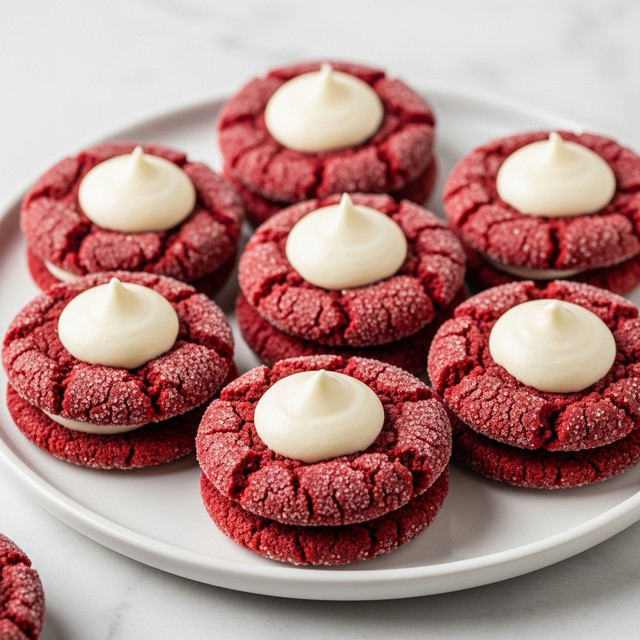 A white plate holds several red velvet thumbprint cookies, each with one layer of deep red, sugar-coated, cracked dough formed into a round shape with a small well in the center. Filled in each well is a dollop of smooth, creamy white frosting with a slight peak on the top. The plate sits on a white marbled texture background. photo taken with an iphone --ar 4:5 --v 7
