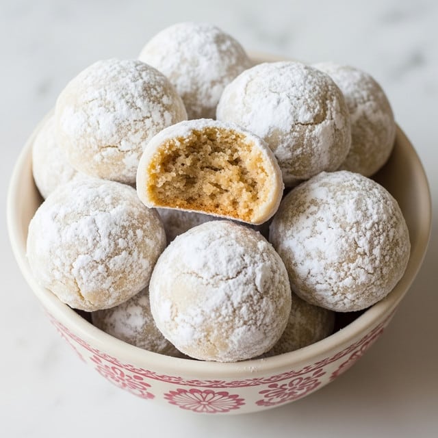A white bowl filled with several small round cookies covered in white powdered sugar, each cookie showing a light golden-brown color beneath the sugar dusting; one cookie in the center is broken in half, revealing a crumbly, soft interior with a dense texture and a pale brown color, while the rest of the cookies are piled closely together, all resting against the bowl’s cream interior with red floral designs along the edges; the whole scene sits on a white marbled surface, photo taken with an iphone --ar 4:5 --v 7