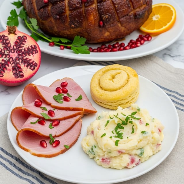 A white plate holds a meal with three main parts: four thin slices of pink ham curved next to the left side, topped with small red pomegranate seeds and a few green herbs; a round, pale yellow rolled biscuit placed near the top right; and a scoop of creamy, textured mashed potatoes garnished lightly with chopped green herbs on the bottom right. In the background, a large cooked ham with a dark brown glazed crust is displayed on a white plate, garnished with green herbs and red pomegranate seeds. To the left, a halved pomegranate shows bright red seeds, while an orange slice partially appears on the right. The plate rests on a white marbled surface with a blue and beige striped cloth beneath. photo taken with an iphone --ar 4:5 --v 7