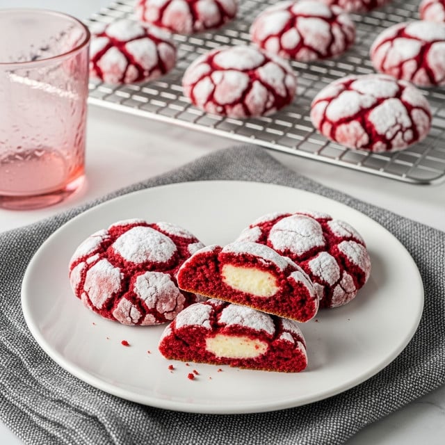 The image shows three red velvet crinkle cookies on a white plate, with one cookie broken in half revealing a creamy white center inside. Each cookie has a dark red-brown base with rough, cracked textures dusted with white powdered sugar that stands out in patches on top. In the background, more cookies of the same type rest on a metal cooling rack placed on a white marbled surface. The scene also includes a pink glass on the left side near the plate, and a gray textured cloth partly underneath the plate. The overall setting is bright and clean with a mix of soft and rough textures. photo taken with an iphone --ar 4:5 --v 7