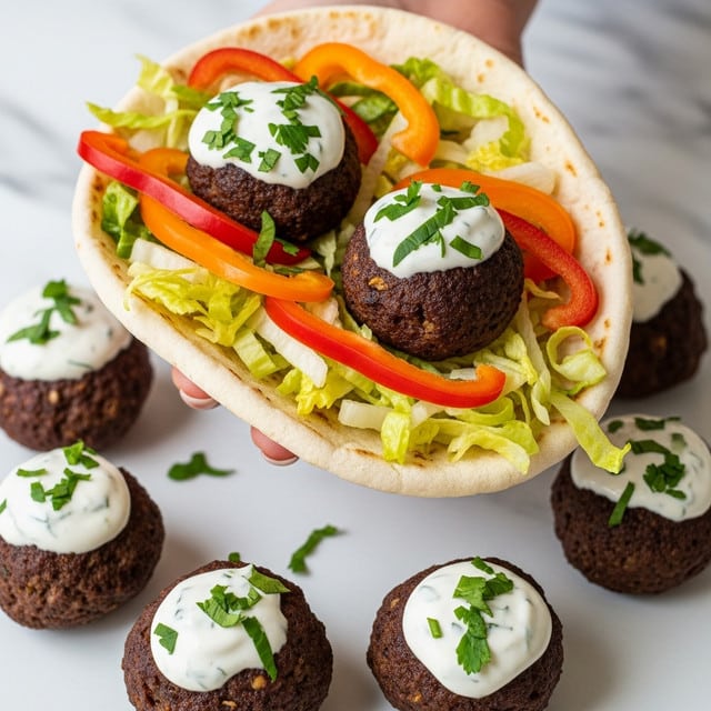A close-up image shows a white pita bread folded and held by a woman's hand, filled with dark brown meatballs topped with creamy white sauce and chopped green herbs. Inside the pita, there are bright red and orange bell pepper slices and layers of pale yellow shredded lettuce. Around the pita on a white marbled surface, several more meatballs are placed, also topped with white sauce and green herbs. The colorful mix of vegetables and sauce contrasts with the white pita and marbled background, giving a fresh and hearty look. photo taken with an iphone --ar 4:5 --v 7