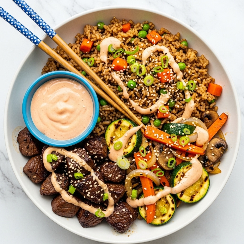 The image shows a white bowl filled with three main parts: in the top right, there is brown fried rice mixed with small green peas and orange carrot cubes, sprinkled with white sesame seeds and green sliced scallions. On the bottom right are stir-fried vegetables including grilled zucchini slices, orange carrot sticks, sautéed onions, and mushrooms, all lightly drizzled with a creamy light sauce and garnished with green scallions. On the bottom left, there are dark brown grilled beef cubes, also topped with the same light sauce and sesame seeds, with green scallion slices scattered on top. In the center left, a small blue bowl sits in the bowl, filled with a pink creamy dipping sauce. A pair of wooden chopsticks with blue and white patterned handles rests on the top left edge of the bowl. The background is a white marbled surface. photo taken with an iphone --ar 4:5 --v 7