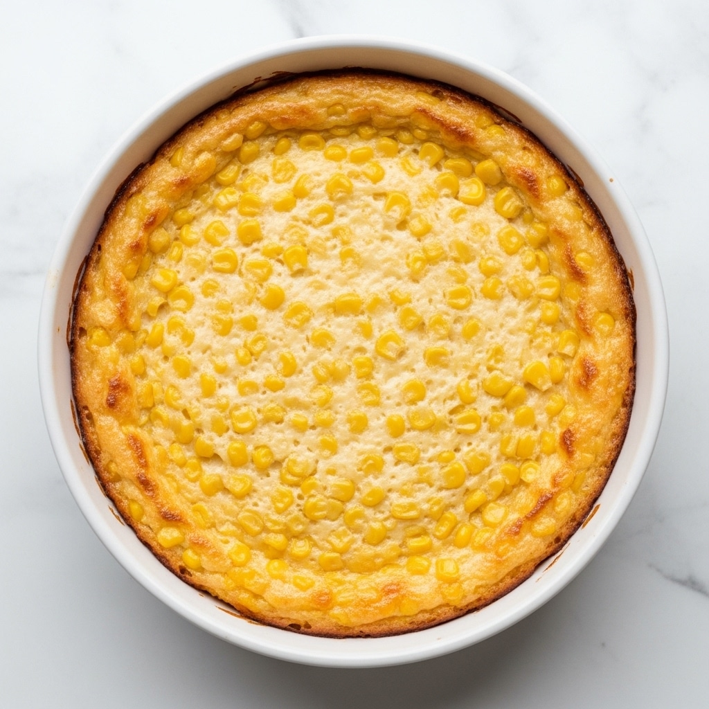 A close-up view of a white round baking dish filled with a golden-brown baked corn casserole, the top layer smooth and slightly browned. A spoon held by a woman's hand is lifting a portion, showing the creamy white and yellow interior filled with whole corn kernels. The texture inside looks soft and custardy, with a thick crust around the edges. The dish is set against a background with a white marbled texture. photo taken with an iphone --ar 4:5 --v 7