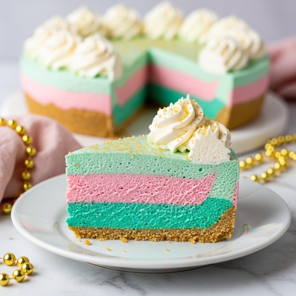 A slice of layered cheesecake is shown on a white plate with a white marbled surface underneath. The cheesecake has four distinct layers: a crumbly golden brown crust at the bottom, a thick green layer, a thick pink layer in the middle, and a thick pale green layer on top. It is topped with a swirl of white whipped cream sprinkled with small yellow sugar crystals. A piece of the cake is cut and placed next to the slice, showing the crumbly texture of the crust. The background is softly blurred with the rest of the uncut cake visible. Photo taken with an iphone --ar 4:5 --v 7
