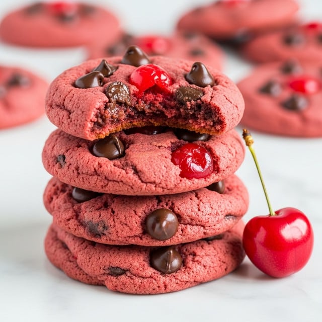 A stack of four thick, reddish-pink cookies with a soft texture is piled on a white marbled surface. Each cookie has dark chocolate chips and bright red cherry bits spread unevenly on the top and inside the cookies. The top cookie has a bite taken out, showing a moist and chewy inside dotted with chocolate and cherry pieces. There is a whole shiny red cherry leaning against the stack on the right side. In the background, more similar cookies are softly blurred. Photo taken with an iphone --ar 4:5 --v 7