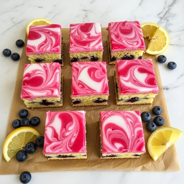 This image shows eight square pieces of cake arranged on brown parchment paper over a white marbled surface. Each cake piece has two layers: a light yellow sponge base with visible small bits inside, likely blueberries, and a thick top layer of swirled pink and white glossy icing that looks smooth and slightly shiny. Around the cakes are lemon wedges and whole blueberries, adding bright yellow and deep blue colors that complement the cakes. The cakes look soft and moist with an eye-catching vibrant pink and white glaze on top. photo taken with an iphone --ar 4:5 --v 7