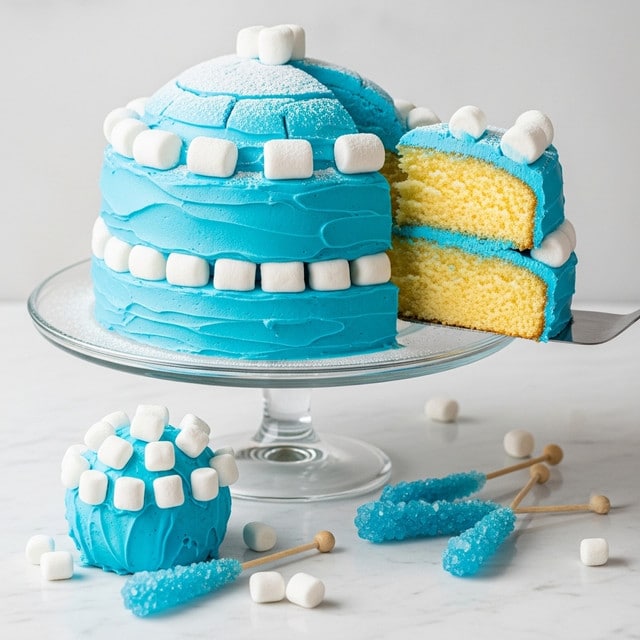 A two-layer round yellow cake is covered with smooth, bright blue frosting on the outside and between the layers. The top and sides are decorated with large white marshmallows placed in neat rows, with a dusting of powdered sugar on top. In front of the cake, there is a smaller round ball covered in the same blue frosting and smaller white marshmallows arranged tightly around it. Blue rock candy pieces are scattered on the white marbled surface under the clear glass cake stand holding the cake. A slice of the cake is lifted with a black spatula, showing the soft, moist yellow cake inside. Photo taken with an iphone --ar 4:5 --v 7
