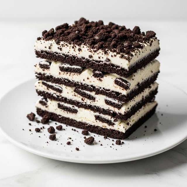 A slice of layered cake sits on a white plate, resting on a white marbled surface. The cake has multiple layers consisting of dark chocolate cookie pieces alternating with smooth white cream filling, stacked neatly. The top layer is covered with white cream and sprinkled heavily with crumbled dark chocolate cookie crumbs, some of which have fallen onto the plate. The cake layers show a clear contrast between the dark cookie and white cream, giving it a textured and rich appearance. Photo taken with an iphone --ar 4:5 --v 7