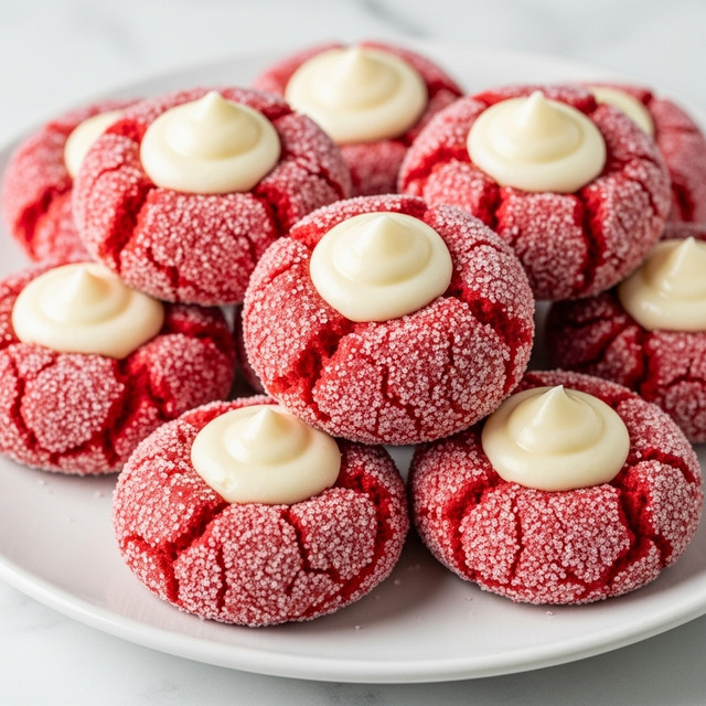 A white plate holds several small red cookies covered in granulated sugar, each with a soft, cracked texture on the outside and a smooth, creamy white dollop of frosting or filling centered in a small well on top. The cookies are piled closely together, showing their rounded edges and slightly raised centers with the creamy topping forming a peak. The whole scene is set on a surface with a white marbled texture. photo taken with an iphone --ar 4:5 --v 7