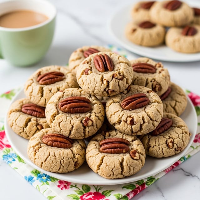 A white plate holds a pile of about fifteen round beige cookies with a slightly cracked texture, each cookie topped with a single whole pecan in the center, and small chopped pecan pieces mixed inside the dough. The cookies are stacked in a loose heap showing varying shades of warm tan and light brown with a crumbly appearance. The plate rests on a floral patterned cloth on a white marbled surface. In the soft-focus background, there is a blurred pale green cup filled with a light brown liquid, likely tea or coffee, partly visible to the left. Another white plate with a few more pecan-topped cookies is seen blurred to the right. The scene is bright, casual, and cozy, suggesting a warm homemade treat moment. Photo taken with an iphone --ar 4:5 --v 7