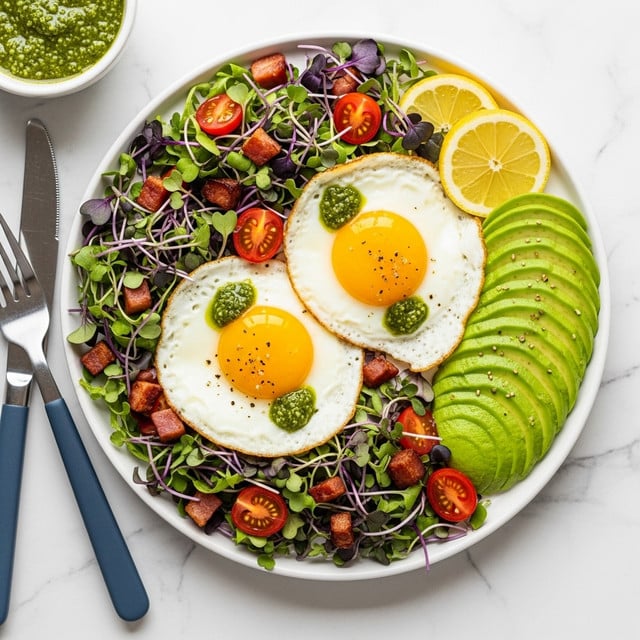 A white plate holds a fresh salad with two sunny-side-up eggs placed slightly off-center, their bright yellow yolks surrounded by white, slightly crispy edges with small dollops of green pesto. Beneath and around the eggs is a bed of mixed microgreens and purple sprouts, scattered with halved cherry tomatoes showing their juicy red inside, and small cubes of crispy bacon. On the right side of the plate, thin avocado slices fan out smoothly with a light green and creamy texture, topped with two lemon wedges. The entire dish is set on a white marbled surface with a knife and fork with dark blue handles placed partially to the left, and a small bowl of green pesto partially visible on the top left corner, adding color contrast. photo taken with an iphone --ar 4:5 --v 7