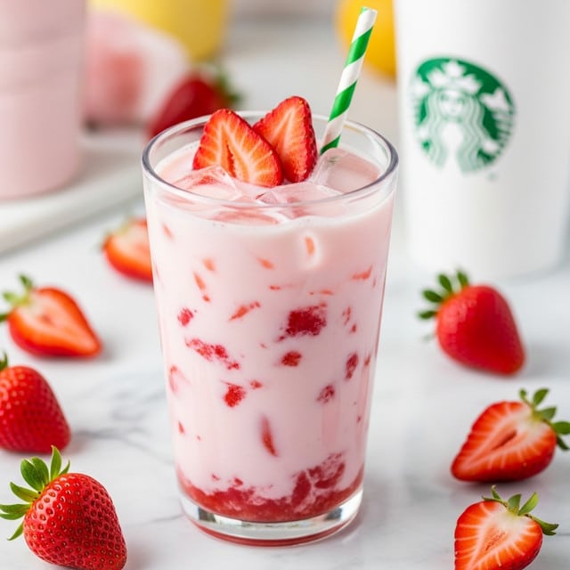 A tall clear glass filled with a pale pink milky drink with visible chunks of red strawberry pieces and ice cubes floating throughout. On top, a few bright red strawberry slices rest on the ice, with a green and white striped straw standing upright in the drink. The glass sits on a white marbled surface with scattered whole and sliced strawberries around it. The background is softly blurred but shows a white drink cup with a green logo and some pink and yellow blurred objects. photo taken with an iphone --ar 4:5 --v 7