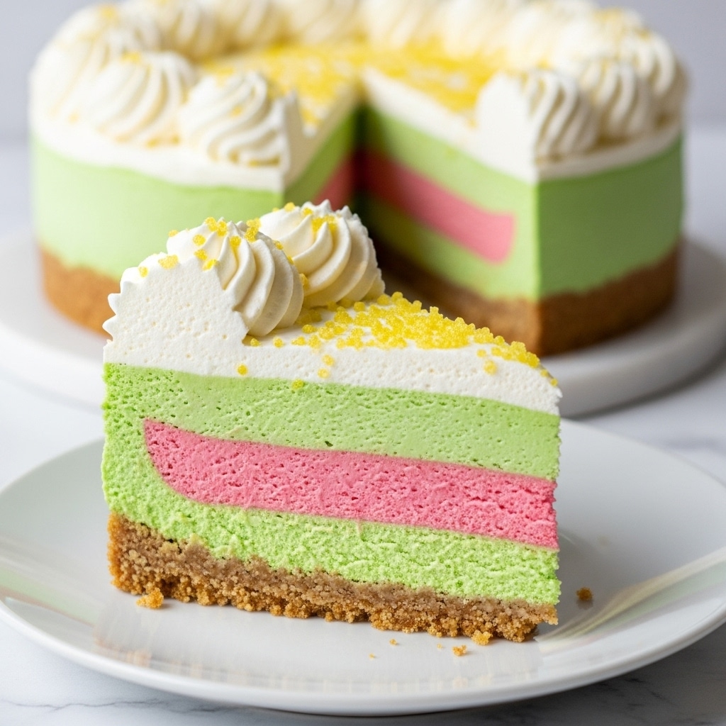 A slice of three-layer mousse pie on a white plate is shown with a white marbled surface underneath. The bottom layer is teal with a smooth texture, sitting on a crumbly light brown graham cracker crust. The middle layer is a soft pink mousse with a smooth, creamy look. The top layer is a pale mint green mousse, also smooth, topped with a swirl of white whipped cream sprinkled with fine golden sugar crystals. In the blurred background, the rest of the pie shows the same layers and whipped cream swirls. Some golden beads and a soft pink cloth add extra decoration around the plate. photo taken with an iphone --ar 4:5 --v 7