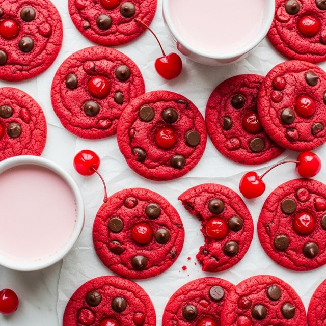 A close-up view of many bright red cookies with dark chocolate chips and small red cherry pieces mixed inside each cookie, some with whole cherries scattered around; they look soft and slightly uneven with a rough texture, placed on white parchment over a white marbled surface. Two white cups filled with pink milk sit among the cookies, adding contrast. One cookie in the middle is slightly bitten showing its soft inside. Photo taken with an iphone --ar 4:5 --v 7