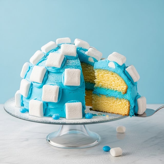 The image shows a cake cut to reveal its inside, placed on a clear glass cake stand over a white marbled surface. The cake has two thick layers of soft yellow sponge with a thin layer of bright blue frosting in between. The outside is covered in the same blue frosting, thick and creamy, with large, white powdered marshmallows arranged unevenly on the sides and top. Powdered sugar dusts the marshmallows and the plate, with small blue candy pieces scattered near the base. A metal cake server is under the slice being lifted, contrasting with the texture of the cake. The background is light blue, making the colors of the cake and frosting stand out. photo taken with an iphone --ar 4:5 --v 7