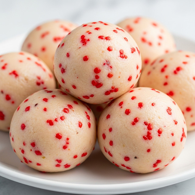 A close-up image of several smooth, round balls stacked together on a white plate, each ball light creamy-pink in color with small bright red and dark pink specks scattered all over their surface, giving them a textured look. The balls appear soft yet firm, and the white marbled background adds a clean and simple feel to the scene. photo taken with an iphone --ar 4:5 --v 7