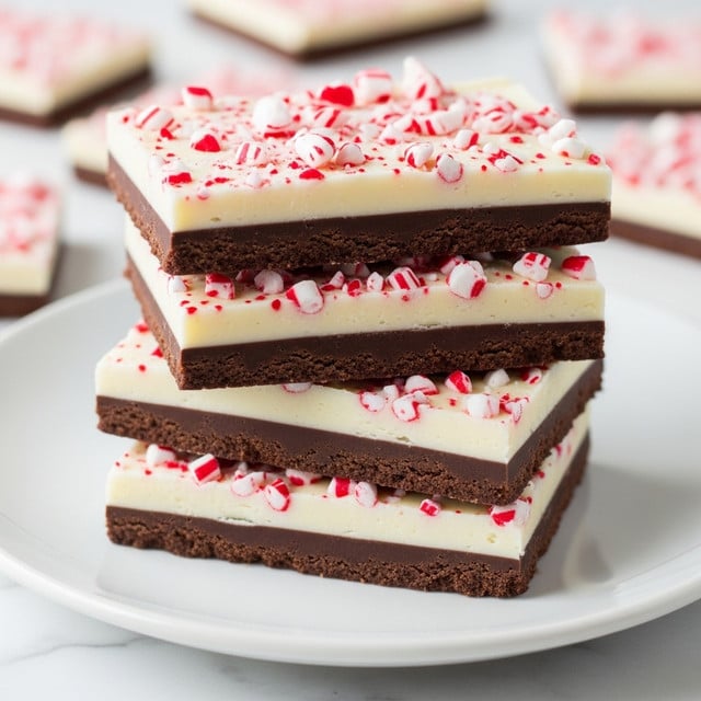 A close-up view of a stack of peppermint bark pieces on a white plate, showing four thick rectangular layers. Each piece has a smooth, dark chocolate layer sandwiched between two creamy white chocolate layers. The top white chocolate layer is sprinkled with small, crushed red and white peppermint candy bits, adding texture and pops of color. The pieces are stacked unevenly, giving a sense of height, with more broken pieces scattered in the background. The surface beneath the plate is a white marbled texture. photo taken with an iphone --ar 4:5 --v 7