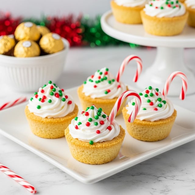 The image shows small dessert cups with a light golden crust forming the base and sides, each filled with white whipped cream topped with red and green round sprinkles. A red and white striped candy cane stick is placed inside each cup, adding a festive touch. The cups sit on a white rectangular plate with one candy cane leaning on the side of the closest cup. In the background, there is a white bowl filled with gold-wrapped chocolates and a white cake stand holding another dessert cup similar to the ones in front. The whole scene is set on a white marbled surface with blurred red and green decorations in the background. photo taken with an iphone --ar 4:5 --v 7