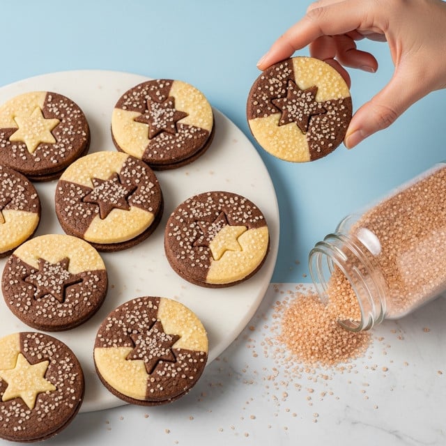 The image shows several round cookies with two layers visually combined: one layer is light beige and the other is dark brown. Each cookie has a star shape in the center where the color contrasts with the outer circle—some have a dark brown outer circle with a light beige star, and others the opposite. The cookies are sprinkled with coarse sparkling sugar crystals on top. A woman's hand is holding one cookie on the right side above a white marbled surface scattered with more sugar crystals. An open jar of sparkling sugar is tipped over on the bottom right, spilling sugar onto the surface. The background is a clean light blue color. photo taken with an iphone --ar 4:5 --v 7