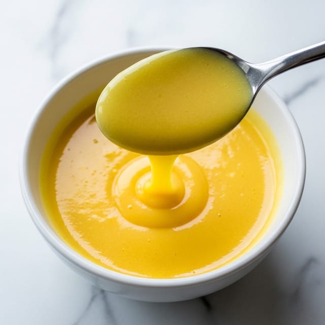 A close-up of a small white bowl filled with a thick, smooth, shiny yellow sauce. A silver spoon is lifting some sauce from the bowl, showing its creamy texture and thick consistency as it slowly drips back inside. The bowl is placed on a white marbled surface. photo taken with an iphone --ar 4:5 --v 7