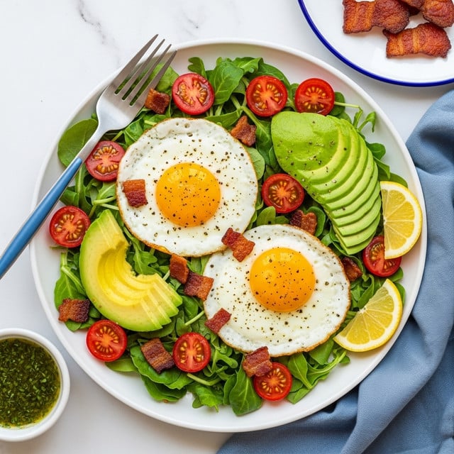 A white plate on a white marbled texture surface holds a fresh salad with two sunny-side-up eggs placed on top. The salad base is made of green leafy sprouts and halved bright red cherry tomatoes scattered evenly. The eggs have vibrant yellow yolks with slightly crispy white edges, sprinkled with black pepper. Thin, fan-shaped slices of green avocado rest beside the eggs, while small pieces of crispy brown bacon bits are scattered on the salad and eggs. Two yellow lemon wedges are placed on the right and bottom edges of the plate. A silver fork with a blue handle is positioned diagonally from the top left side, resting partly on the eggs and salad. In the top right corner, a white plate with a blue rim holds extra pieces of bacon, and in the bottom left, a small white bowl contains a green herb sauce. A blue cloth napkin is partially visible on the lower right side. photo taken with an iphone --ar 4:5 --v 7