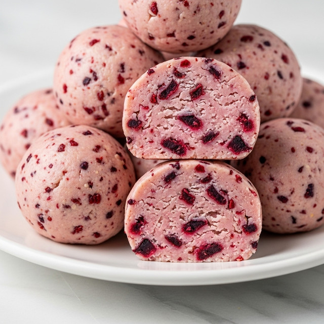 A close-up of several small round balls stacked on a white plate, each ball is pale pink with small dark red and purple specks scattered all over their smooth surface; one ball is cut to show a dense texture inside with the same red and purple pieces embedded throughout. The plate is set on a white marbled surface. photo taken with an iphone --ar 4:5 --v 7
