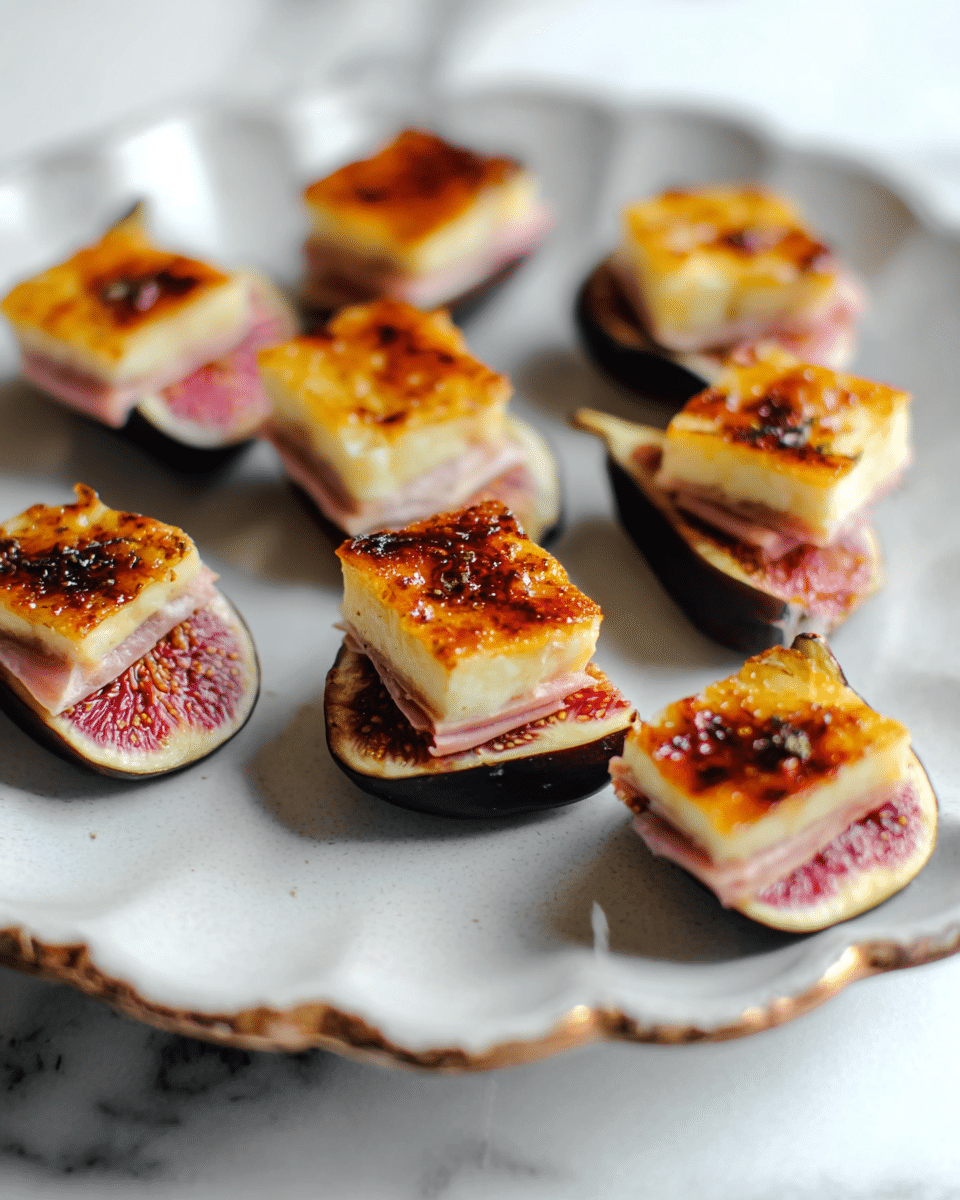 The image shows small appetizers arranged on a white scalloped plate with a slightly rough edge. Each piece has a base layer of dark purple fig halves with a soft pink interior, topped with a middle slice of light pink ham peeking out, and a thick, rectangular layer of golden brown, caramelized cheese with a slightly burnt crust on top. The appetizers are placed in scattered clusters against a white marbled surface background. The overall look is elegant with warm and natural colors. photo taken with an iphone --ar 4:5 --v 7