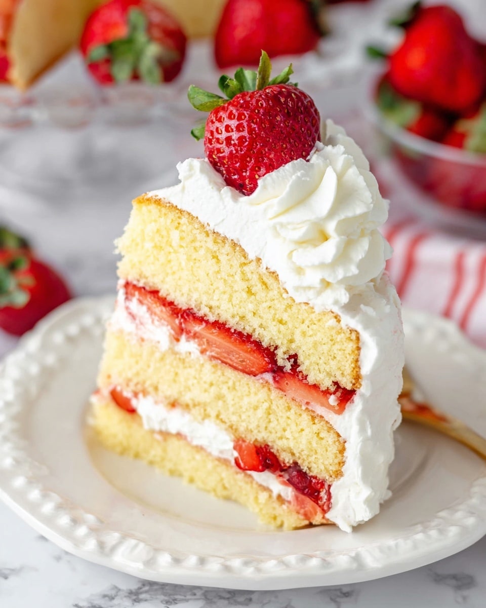 The image shows a slice of strawberry shortcake on a white plate with a decorative edge. The cake has three layers: two thick, light yellow sponge cake layers at the bottom and top, and a middle layer of white whipped cream mixed with fresh red strawberry slices. On the side of the cake slice, there is a thick swirl of white whipped cream topped with a half strawberry. The background features a white marbled texture and a clear bowl with whole strawberries blurred in the background. photo taken with an iphone --ar 4:5 --v 7