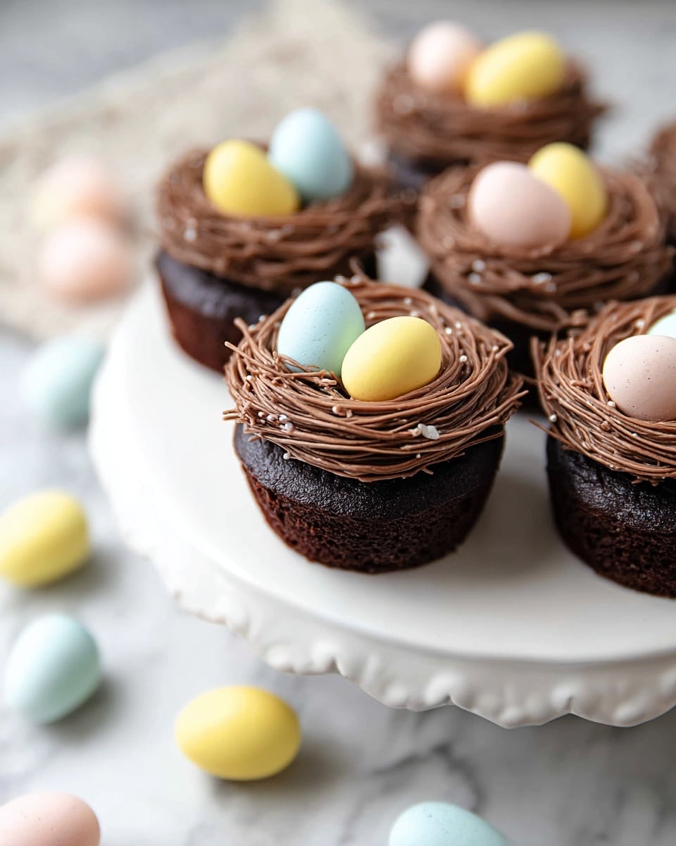 The image shows several small chocolate cupcakes arranged on a white, scalloped-edge serving plate set on a white marbled surface. Each cupcake has one thick layer of dark chocolate cake as the base. On top of the cake is a layer of swirled chocolate frosting, shaped like a small nest with defined ridges and a smooth texture. Inside the frosting nest, there are three pastel-colored candy eggs in yellow, light blue, and pale pink. Around the plate and in the background, more pastel eggs are scattered, adding soft colors to the scene. Photo taken with an iphone --ar 4:5 --v 7