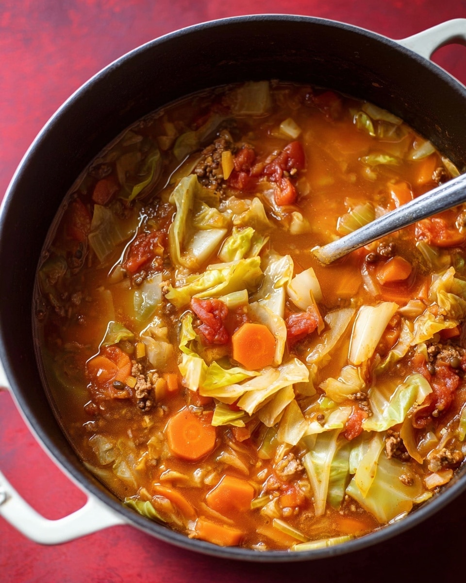 A close-up view of a pot filled with a chunky stew, containing orange carrot slices, pale green cabbage pieces, light green celery chunks, small bits of browned ground meat or lentils, and diced red tomatoes in a thick, reddish-brown broth. The black inner pot contrasts with the white handles on each side, resting on a red surface. A silver spoon is partially submerged into the stew, ready to serve. The stew looks hearty with visible layers of soft vegetables and minced protein blending into the sauce. photo taken with an iphone --ar 4:5 --v 7