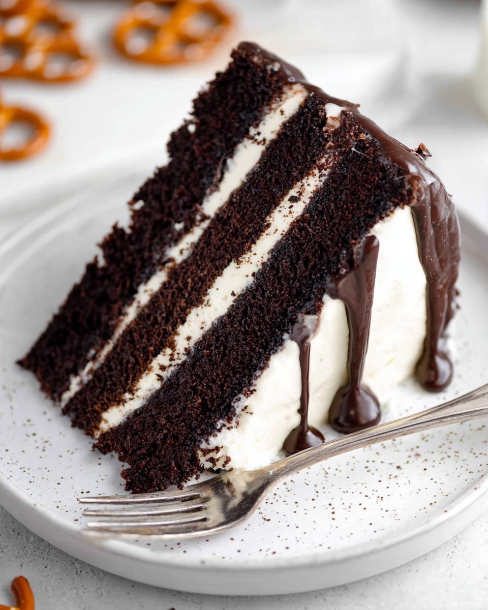 A close-up image of a slice of three-layer chocolate cake on a white plate with a speckled pattern. The cake has three thick dark brown chocolate sponge layers separated by two layers of smooth white cream. The outside is coated with white cream and topped with a dark chocolate drizzle flowing slightly down the sides. A silver fork lies next to the cake on the plate. The background shows a white marbled texture with scattered pretzels. Photo taken with an iphone --ar 4:5 --v 7