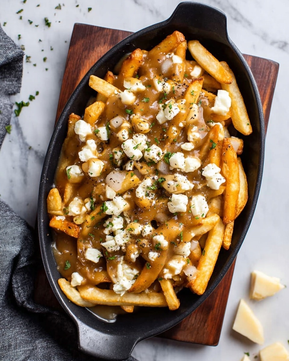 A black oval dish filled with golden cooked fries forms the bottom layer, with light brown gravy generously poured over them as the second layer. Scattered on top are small, uneven chunks of white cheese, with a sprinkling of finely chopped green herbs and black pepper adding texture and color contrast. The dish rests on a dark wooden board, placed on a white marbled surface, with a gray cloth nearby and some cheese pieces scattered around. Photo taken with an iphone --ar 4:5 --v 7