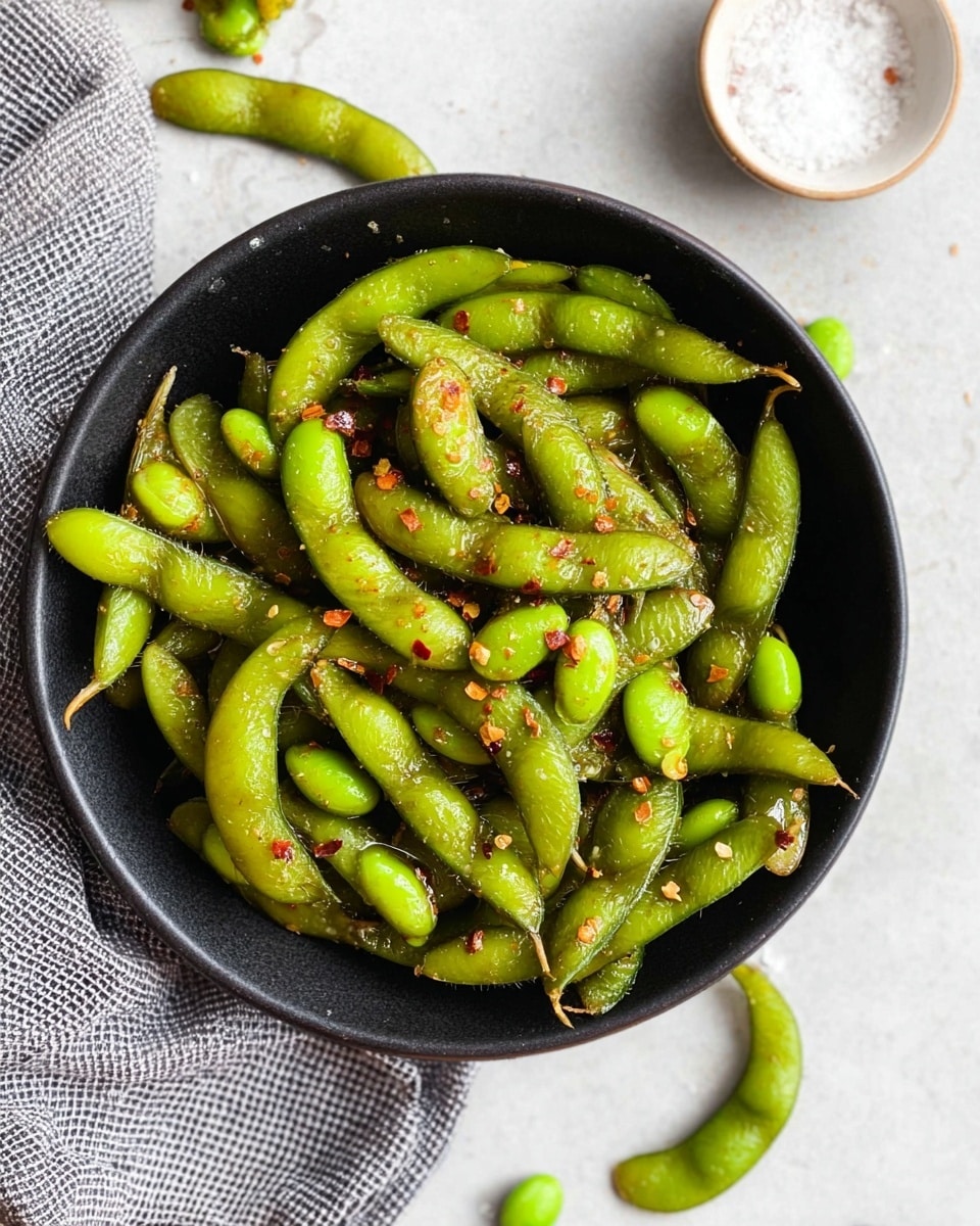 A black bowl filled with cooked green edamame pods, scattered with small pieces of red chili flakes and coarse salt, giving a slightly glossy and textured look. The edamame pods are layered loosely with visible moisture and seasoning on their surface. Around the bowl are a few loose edamame pods and beans lying on a white marbled surface. To the right, there is a small white bowl with some salt in it. Underneath the bowl is a grey and white checkered cloth partly visible. The whole scene looks fresh and vibrant with a simple rustic vibe. photo taken with an iphone --ar 4:5 --v 7