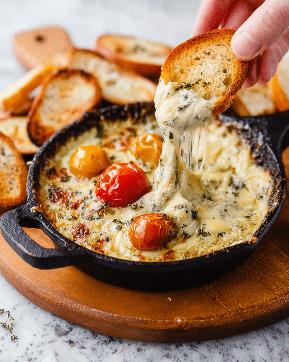 A small black cast iron skillet filled with a creamy, melted cheese dip that is golden brown on top, speckled with green herbs. Three small roasted tomatoes—two red and one yellow—are nestled on the surface of the cheese. A woman's hand is lifting a light brown toasted baguette slice from the skillet, with melted cheese stretching between the bread and the dip. The skillet sits on a round wooden board, all placed on a white marbled textured surface. Additional toasted bread slices are scattered around in the background. Photo taken with an iphone --ar 4:5 --v 7