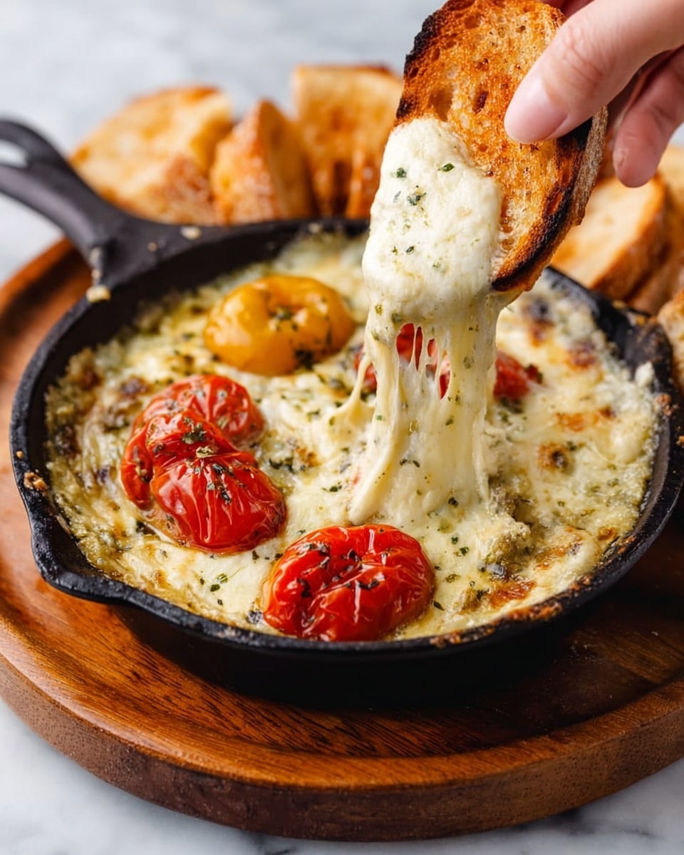 The image shows a small black skillet filled with creamy melted cheese that has a golden brown top with some herbs sprinkled all over. There are three roasted tomatoes on the surface, two red and one yellow, adding a pop of color. A woman's hand is pulling up a toasted slice of light brown bread covered in stretchy melted cheese. The skillet sits on a round wooden board, and the background is a white marbled texture. Photo taken with an iphone --ar 4:5 --v 7