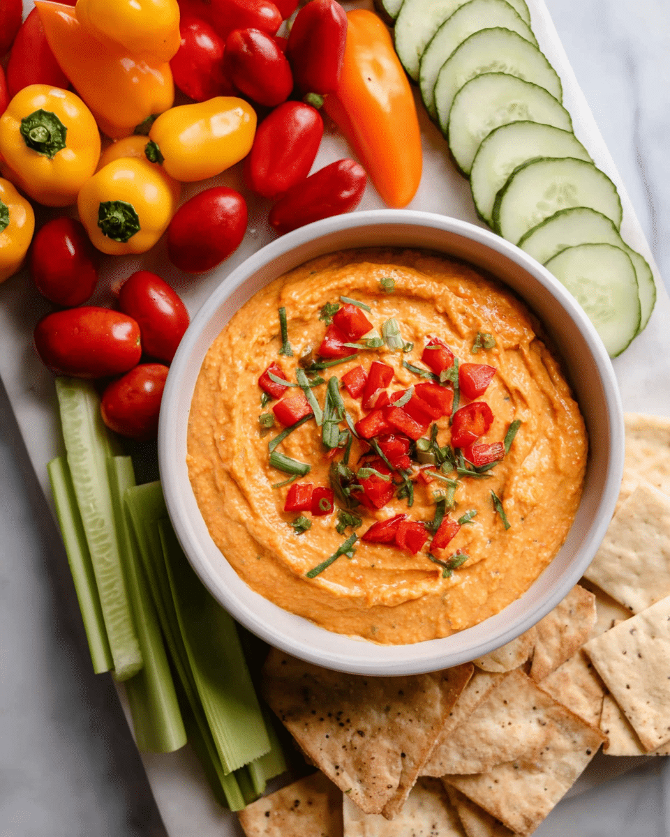 A white bowl sits in the center filled with smooth orange hummus topped with small red pepper pieces and green herbs. Surrounding the bowl are colorful vegetables and crackers arranged on a white marbled surface. On the upper left, slices of cucumber with pale green centers and darker edges are lined up. To the left of the bowl are bright red, yellow, and orange mini peppers mixed with whole cherry tomatoes in shades of red and yellow. Light green celery sticks are stacked near the bottom left. Beige square pita chips are scattered on the bottom right. The whole arrangement looks fresh and vibrant. photo taken with an iphone --ar 4:5 --v 7