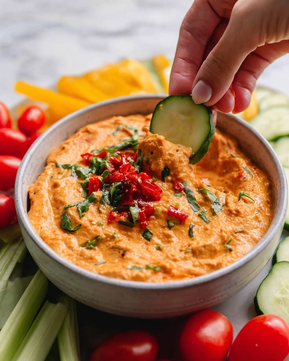 A white bowl filled with smooth orange dip that has a slightly chunky texture sits on a white marbled surface. On top of the dip, there are small pieces of red roasted peppers and green chopped herbs scattered for garnish. A woman's hand is dipping a fresh green cucumber slice with a light green center and dark green edges into the dip. Around the bowl, there are bright red cherry tomatoes, light green celery sticks, yellow bell pepper, and a few slices of cucumber visible, all arranged neatly. Photo taken with an iphone --ar 4:5 --v 7
