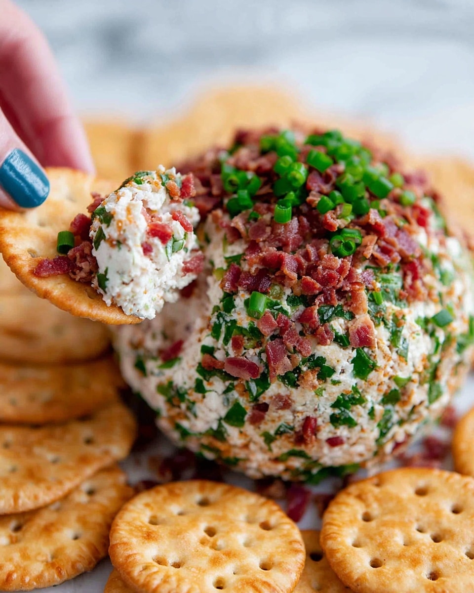 A round cheese ball is covered with small green chopped chives and bits of reddish-brown bacon, giving it a rough, textured look. The cheese ball sits in the middle of a white plate on a white marbled surface, surrounded by a layer of golden-brown round crackers neatly arranged around it. The colors contrast well, with the bright green and pinkish red topping standing out against the neutral warm tones of the crackers and the white plate. Photo taken with an iphone --ar 4:5 --v 7