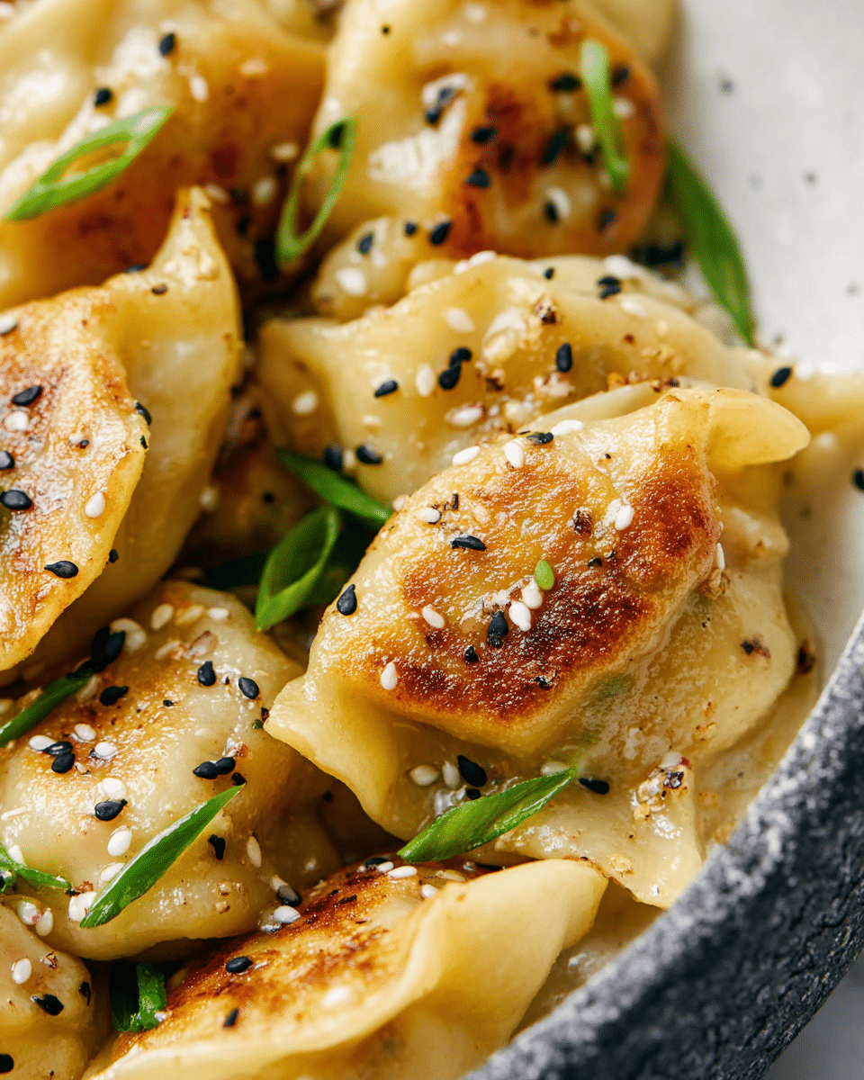 A white plate filled with about twelve golden-brown pan-fried dumplings arranged close together, each dumpling showing a slightly crispy texture with light browning and sprinkled with white and black sesame seeds; bright green chopped scallions are scattered among the dumplings adding a pop of color; on the right side of the plate, a small dark grey bowl holds a glossy, dark soy-based dipping sauce with thinly sliced scallions floating on the surface; the plate sits on a white marbled background with a few extra scallion pieces around it; photo taken with an iphone --ar 4:5 --v 7